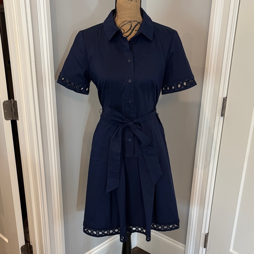 Shoshanna Navy Midi Dress with Tie Waist